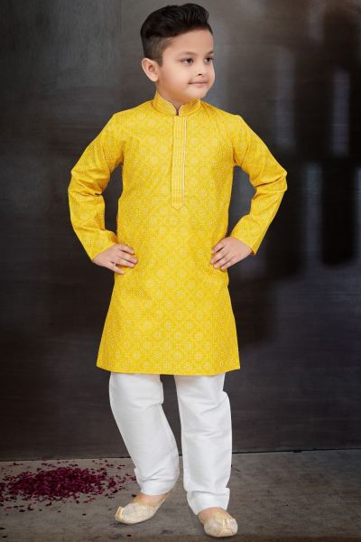 Yellow Cotton Printed Boys Kurta Pajama (NKK-772)