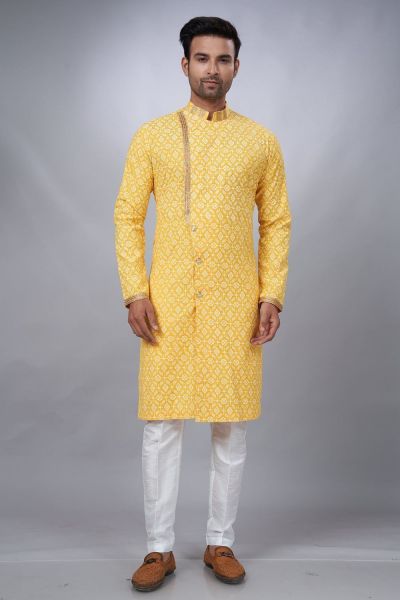 Yellow Cotton Printed Indo Western for Men (NMK-6944)