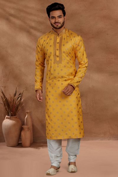 Yellow Cotton Printed Kurta Pajama (NMK-5484)