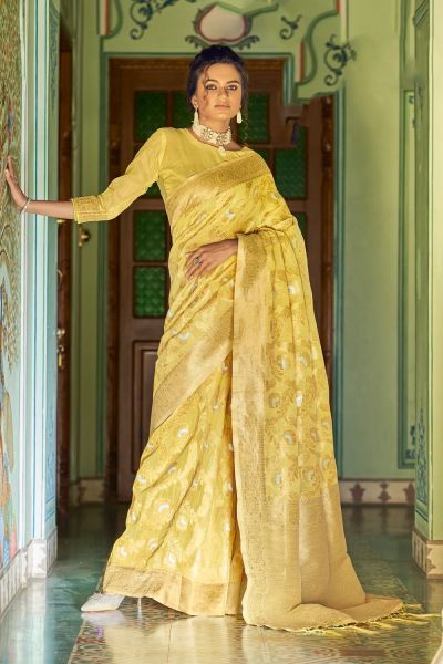 Yellow Crystal Linen Saree (NWSA-5840)