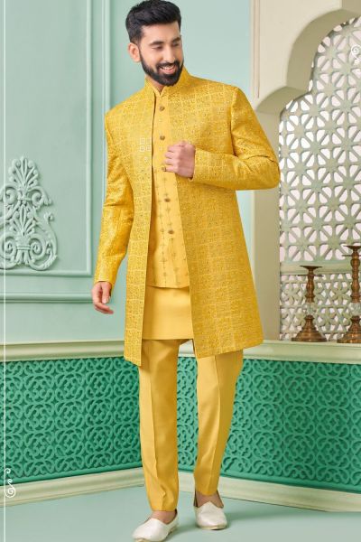 Yellow Embroidered Art Silk Indo Western (NMK-7643)