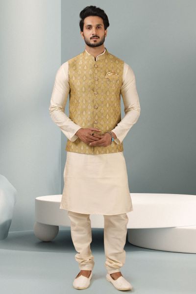 Yellow Jaquard Banarasi Silk Nehru Jacket (NMK-5864)