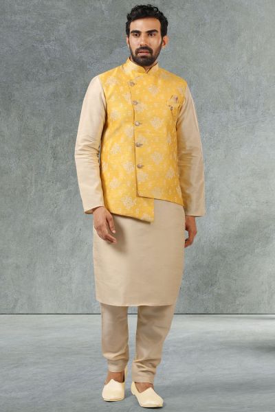 Yellow Jaquard Nehru Jacket for Men (NMK-5213)