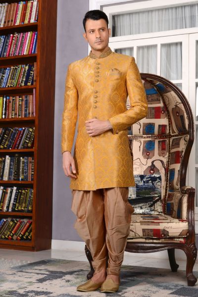 Yellow Jaquard Silk Brocade Indo western (NMK-3499)