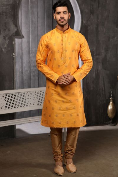 Yellow Jaquard Silk Brocade Kurta Pajama (NMK-4504)