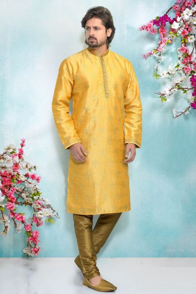 Yellow Jaquard Silk Brocade Kurta Pajama (NMK-4918)