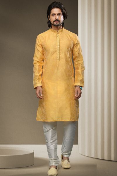 Yellow Jaquard Silk Brocade Kurta Pajama (NMK-5936)