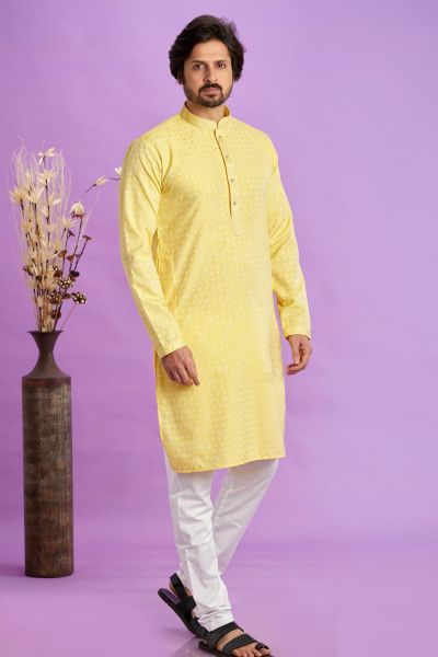 Yellow Jaquard Silk Kurta Pajama (NMK-7566)