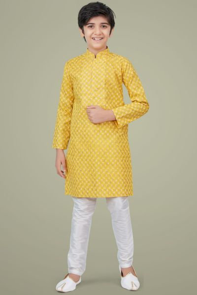 Yellow Printed Cotton Silk Boys Kurta (NKK-713)