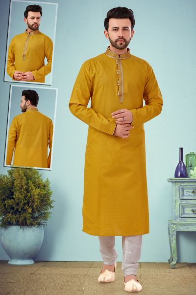 Yellow Printed Printed Cotton Silk Kurta Pajama (NMK-4805)