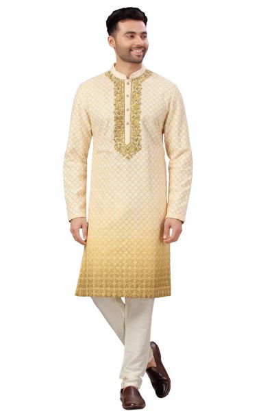 Yellow Shading Cotton Silk Kurta Pajama (NMK-5986)