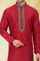 Art Banarasi Silk Red Mens Kurta Pajama (NMK-6552)