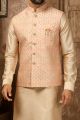 Beige Art Banarasi Silk Nehru Jacket (NMK-6370)