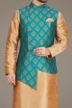 Beige Art Silk, Blue Jaquard Nehru Jacket (NMK-5137)