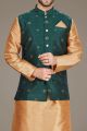 Beige Art Silk, Green Jaquard Nehru Jacket (NMK-5130)