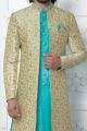 Beige Blue Jaquard Silk Indo Western (NMK-7184)