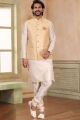 Beige Jaquard Banarasi Silk Nehru Jacket (NMK-6915)