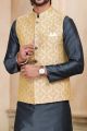 Beige Jaquard Banarasi Silk Nehru Jacket (NMK-6919)