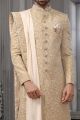 Beige Lucknowi Embroidered Mens Sherwani (NMK-5556)