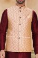 Beige Maroon Jaquard Banarasi Silk Nehru Jacket (NMK-6920)