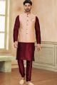 Beige Maroon Jaquard Banarasi Silk Nehru Jacket (NMK-6920)