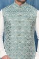 Blue Art Banarasi Silk Nehru Jacket (NMK-7431)