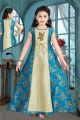 Blue, Gold Brocade, Art Silk Girls Gown (NFG-200)