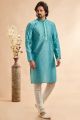 Blue Jaquard Art Silk Mens Kurta Pajama (NMK-7908)