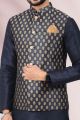 Blue Jaquard Banarasi Silk Nehru Jacket (NMK-6686)