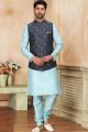 Blue Jaquard Banarasi Silk Nehru Jacket (NMK-6922)