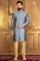 Blue Jaquard Silk Brocade Indian Indo western (NMK-3588)