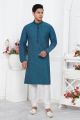 Blue Jaquard Silk Brocade Mens Kurta (NMK-7746)