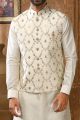 Cream Art Banarasi Silk Mens Nehru Jacket (NMK-6371)