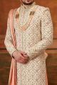 Cream Art Embroidered Silk Mens Sherwani (NMK-6383)