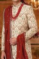 Cream Art Embroidered Silk Mens Sherwani (NMK-6405)