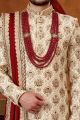 Cream Art Embroidered Silk Sherwani (NMK-6374)