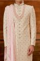 Cream Art Embroidered Silk Sherwani (NMK-6387)