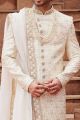 Cream Art Silk Wedding Sherwani (NMK-7165)