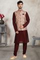 Cream Banarasi Silk Printed Nehru Jacket (NMK-5679)