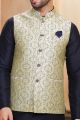 Cream Blue Jaquard Banarasi Silk Nehru Jacket (NMK-6918)