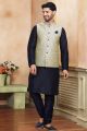 Cream Blue Jaquard Banarasi Silk Nehru Jacket (NMK-6918)