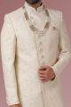 Cream Embroidered Banarasi Silk Mens Sherwani (NMK-5523)