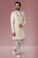 Cream Embroidered Banarasi Silk Mens Sherwani (NMK-5523)