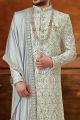 Cream, Greyish Blue Art Silk Sherwani (NMK-6402)