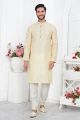 Cream Jaquard Silk Brocade Mens Kurta (NMK-7750)