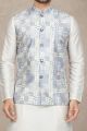 Cream with Blue Art Silk Mens Nehru Jacket (NMK-6980)