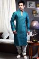 Dark Blue Art Dupion Indian Kurta Pajama (NMK-1456)