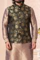 Dark Green Art Banarasi Silk Nehru Jacket (NMK-5635)