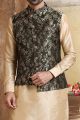 Dark Green, Dark Gold Art Banarasi Silk Nehru Jacket (NMK-5629)