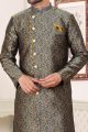 Dark Grey Banarasi Jaquard Mens Indo Western (NMK-6891)